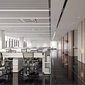 Modern Public Office Space Featuring Open Design Wooden Walls Glass Partitions And Black Floor Tiles