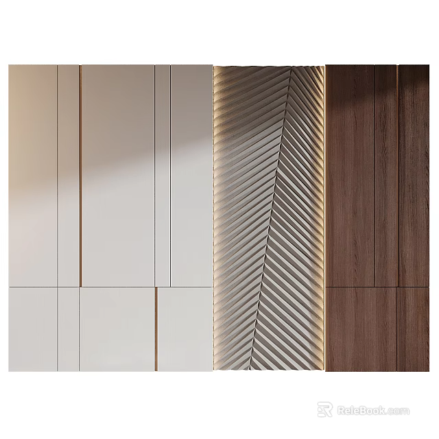 Stylish Wall Decor With Herringbone Pattern Wooden Panels And Soft Ambient Lighting 3d model 