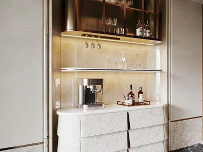 Elegant Modern Sideboard With Marble Countertop Glass Door Shelves Drawers Lighting And Coffee Machine 3d model