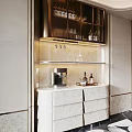 Elegant Modern Sideboard With Marble Countertop Glass Door Shelves Drawers Lighting And Coffee Machine