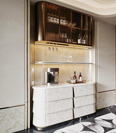 Elegant Modern Sideboard With Marble Countertop Glass Door Shelves Drawers Lighting And Coffee Machine 3d model