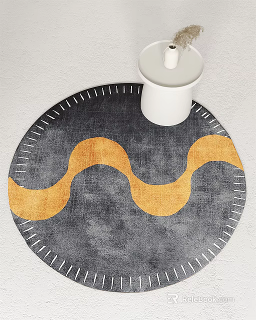 Modern Gray Round Rug With Yellow Wavy Pattern And White Stitched Edges 3d model