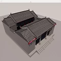 Ancient Traditional Architecture with Gray Brick Walls Red Door Stone Steps and Decorative Eaves