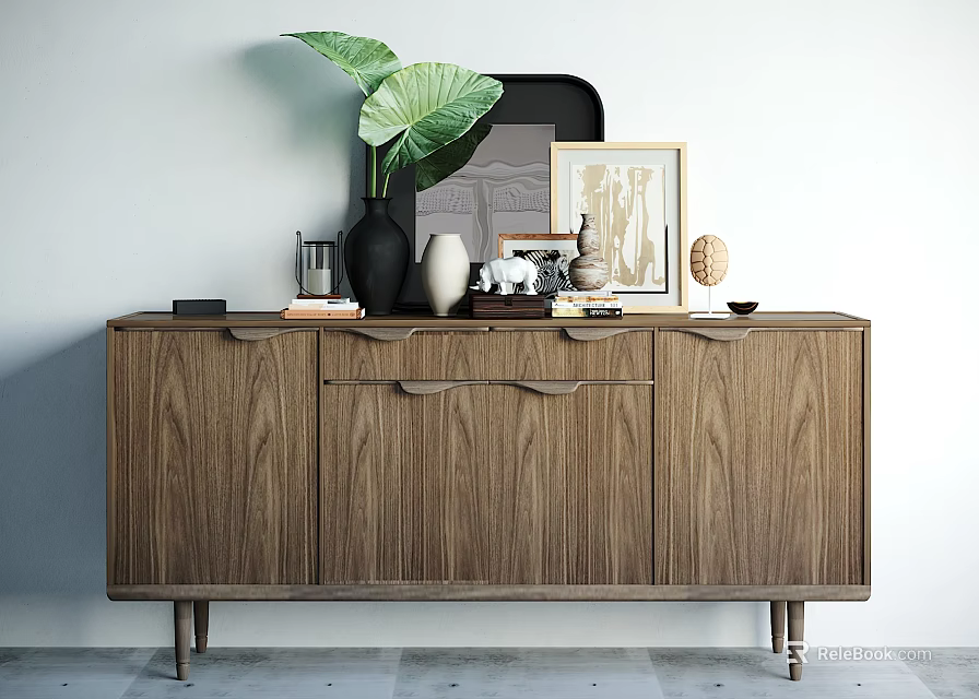 Modern Wooden Console Table And Side Cabinet Interior With Vase Plant And Photo Frames 3d model 