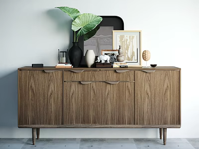 Modern Wooden Console Table And Side Cabinet Interior With Vase Plant And Photo Frames 3d model