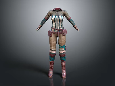 Woman Wearing Striped Corset Top Brown Pants And Strapped Boots With Decorative Details 3d model