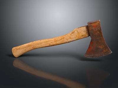 Rusted Metal Axe With Wooden Handle Isolated On Dark Background With Reflection 3d model