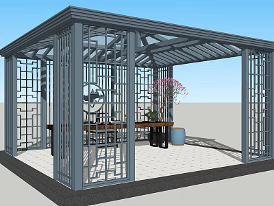 Modern Pavilion With Gray Metal Frame Lattice Windows And Interior Table Chairs Vase Plants 3d model