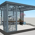 Modern Pavilion With Gray Metal Frame Lattice Windows And Interior Table Chairs Vase Plants