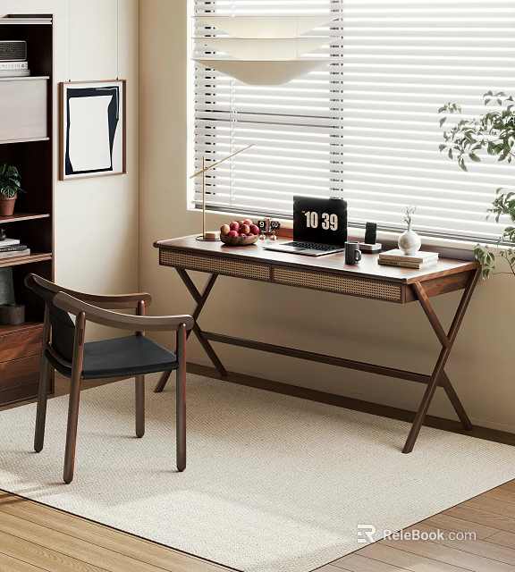 Wooden Desk and Chair Set with Laptop Fruit Table Lamp near Blinds and Bookshelf 3d model 