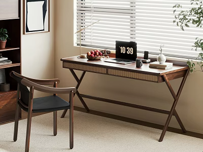 Wooden Desk and Chair Set with Laptop Fruit Table Lamp near Blinds and Bookshelf 3d model