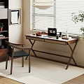 Wooden Desk and Chair Set with Laptop Fruit Table Lamp near Blinds and Bookshelf