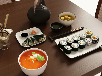 Traditional Japanese Food Platter with Sushi Rolls Miso Soup Green Tea and Ice Cream 3d model