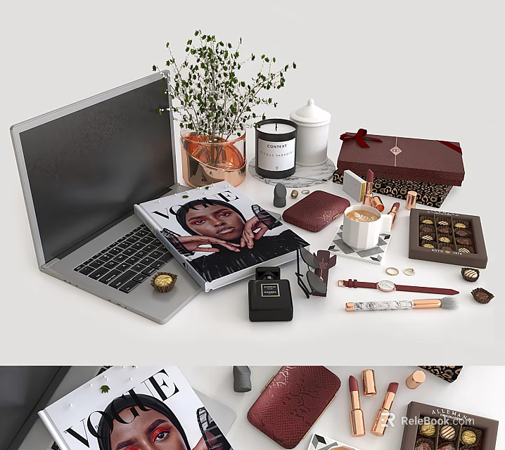 Decorative Accessories Set With Laptop Potted Plant Candle Cosmetics Book And Box 3d model 