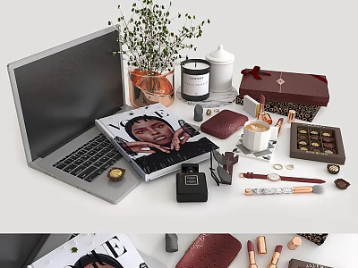 Decorative Accessories Set With Laptop Potted Plant Candle Cosmetics Book And Box 3d model