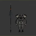 Mechanical Robot Character Standing Holding Long Spear With Detailed Armor Design