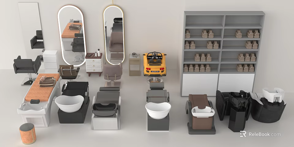 Modern Massage Bed in Salon with Hanging Mirrors and Storage Shelves 3d model 