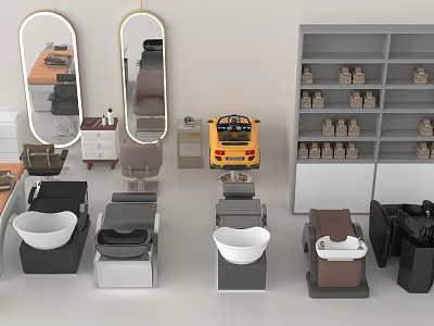 Modern Massage Bed in Salon with Hanging Mirrors and Storage Shelves 3d model