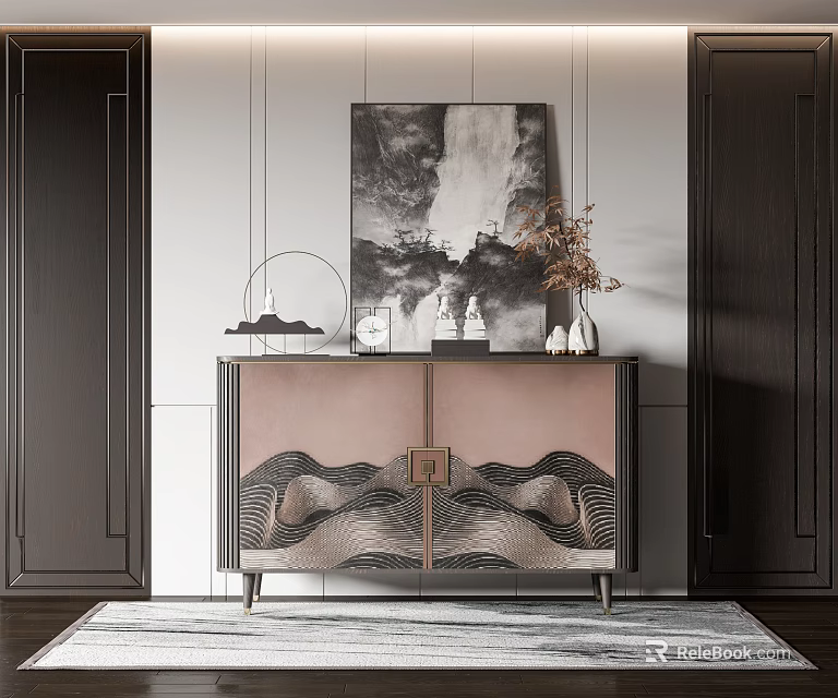 Elegant Modern Entryway Console Table With Pink Wavy Pattern And Decorative Ornaments 3d model