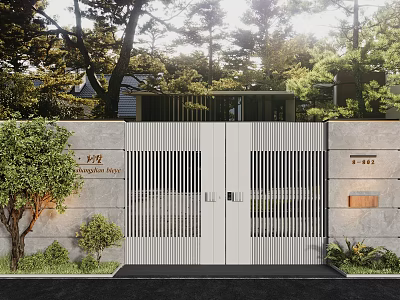 Modern Private Home Entrance Gate With White Double Doors Green Plants And Stone Wall 3d model
