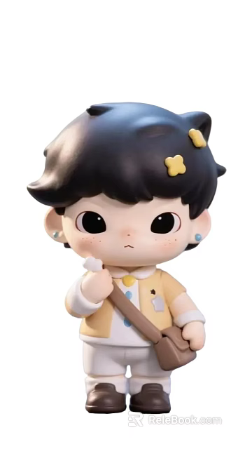 Cartoon Game Character with Black Short Hair Yellow Star Hairpins Blue Earrings Freckles Yellow Outfit 3d model 