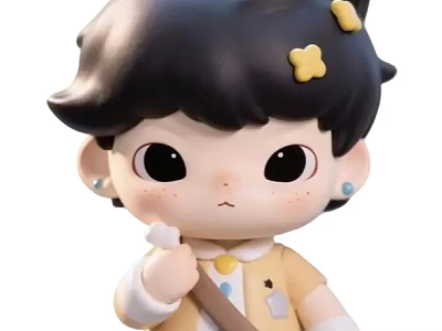 Cartoon Game Character with Black Short Hair Yellow Star Hairpins Blue Earrings Freckles Yellow Outfit 3d model