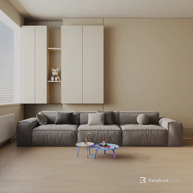 Grey Three Seater Sofa In Living Room With Small Side Tables And White Cabinets 3d model 