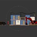 Blue And White Two Story Container Building With Red Excavator And Yellow Pipes