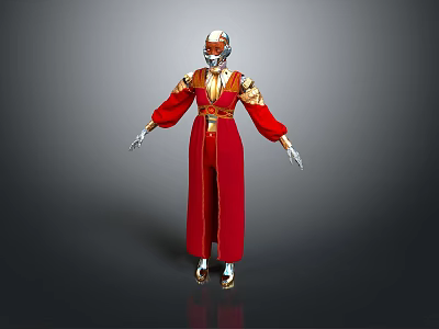 Game And Movie Character In Red Robe With Gold Accents Silver Helmet And Metallic Gloves 3d model