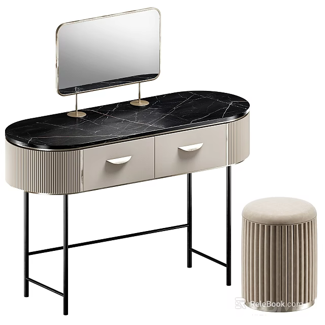 Elegant Dressing Table With Black Marble Top Two Drawers And Padded Striped Stool 3d model