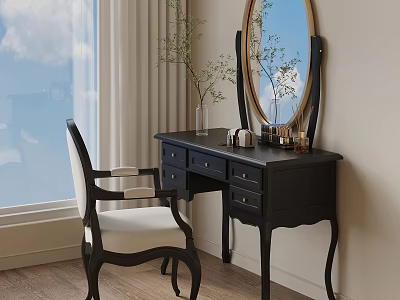 Elegant Black Dressing Table By Window With Round Mirror Accent Chair And Decorative Items 3d model