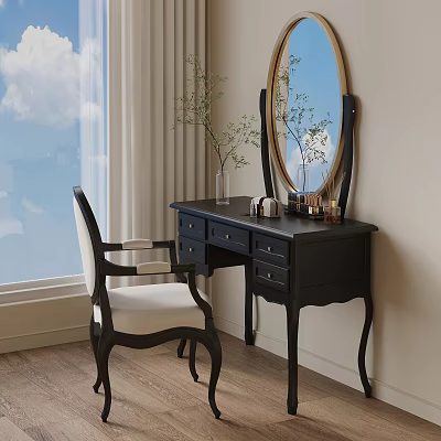 Elegant Black Dressing Table By Window With Round Mirror Accent Chair And Decorative Items 3d model