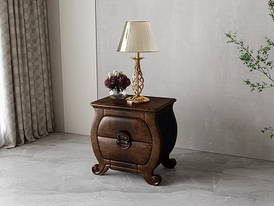 Classic Carved Bedside Table with Drawer Table Lamp Vase Curtains and Green Plant 3d model