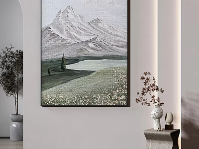 Mountain Landscape Painting In Living Room With Green Plants And Decorative Vase 3d model