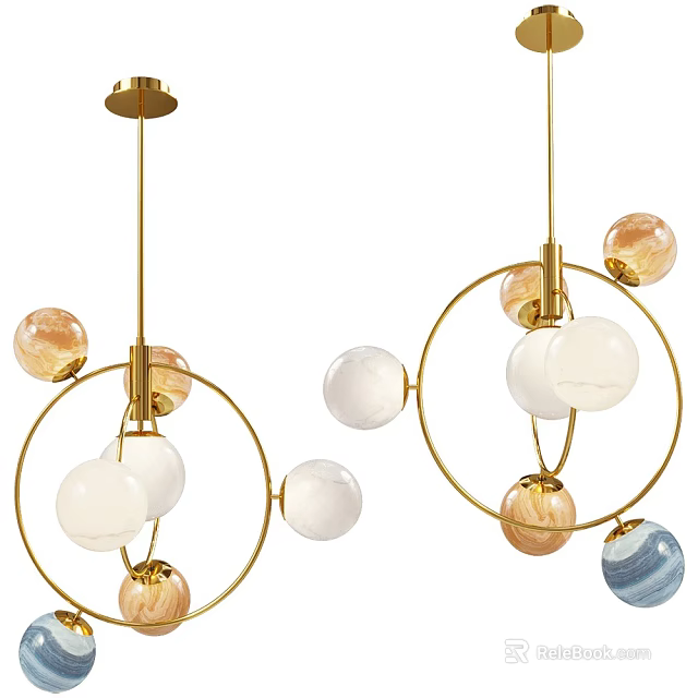 Elegant Modern Pendant Lights Featuring Gold Circular Frame And Multicolored Marble Spherical Globes 3d model
