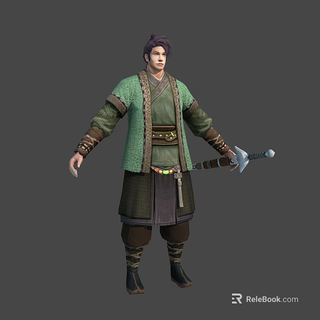 Ancient Warrior Character In Green Traditional Outfit With Sword And Leather Boots 3d model 