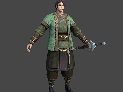 Ancient Warrior Character In Green Traditional Outfit With Sword And Leather Boots 3d model