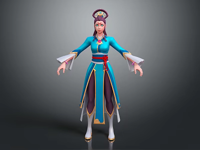 Ancient Style Game Movie Character In Blue Robe With Red Belt White Cuffs And Traditional Headdress 3d model