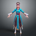 Ancient Style Game Movie Character In Blue Robe With Red Belt White Cuffs And Traditional Headdress