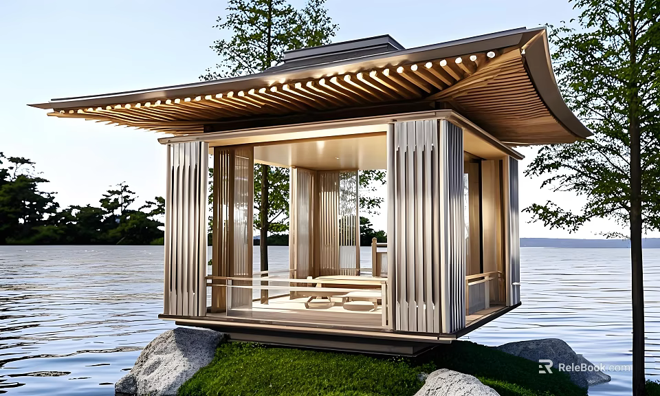 Traditional Wooden Ancient Pavilion By Water With Stone Trees And Open Structure 3d model 