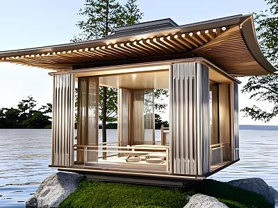 Traditional Wooden Ancient Pavilion By Water With Stone Trees And Open Structure 3d model