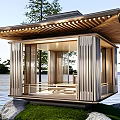 Traditional Wooden Ancient Pavilion By Water With Stone Trees And Open Structure