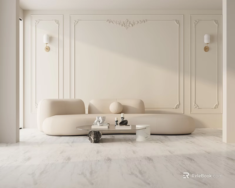 Modern Luxury Living Room Interior With Beige Three Seater Sofa Glass Coffee Table And Wall Decor 3d model 