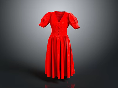 Elegant Red Women's Dress With Puffed Sleeves V Neck And Flowy Skirt 3d model
