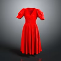 Elegant Red Women's Dress With Puffed Sleeves V Neck And Flowy Skirt
