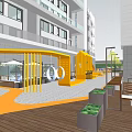 Modern Commercial Street Featuring Orange Decorative Structure Outdoor Seating Bar Stools And Tiled Floor