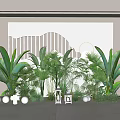 Indoor Plant Arrangement with Various Green Plants White Geometric Wall and Decorative Spheres Lanterns