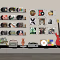 Digital Radio And Vinyl Records Display With Red Electric Guitar On Shelves