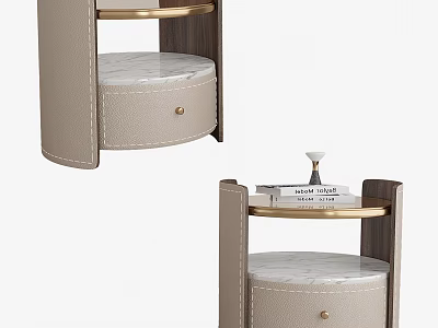 Modern Round Bedside Table With Leather Upholstery Marble Top Drawer And Gold Accents 3d model