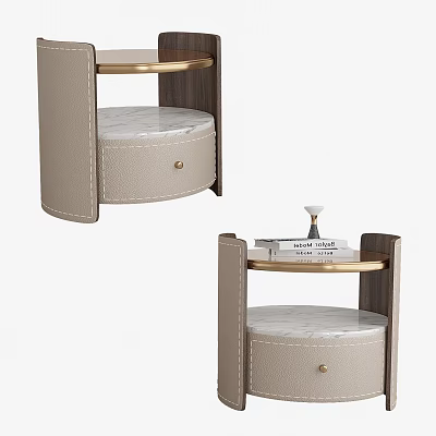 Modern Round Bedside Table With Leather Upholstery Marble Top Drawer And Gold Accents 3d model